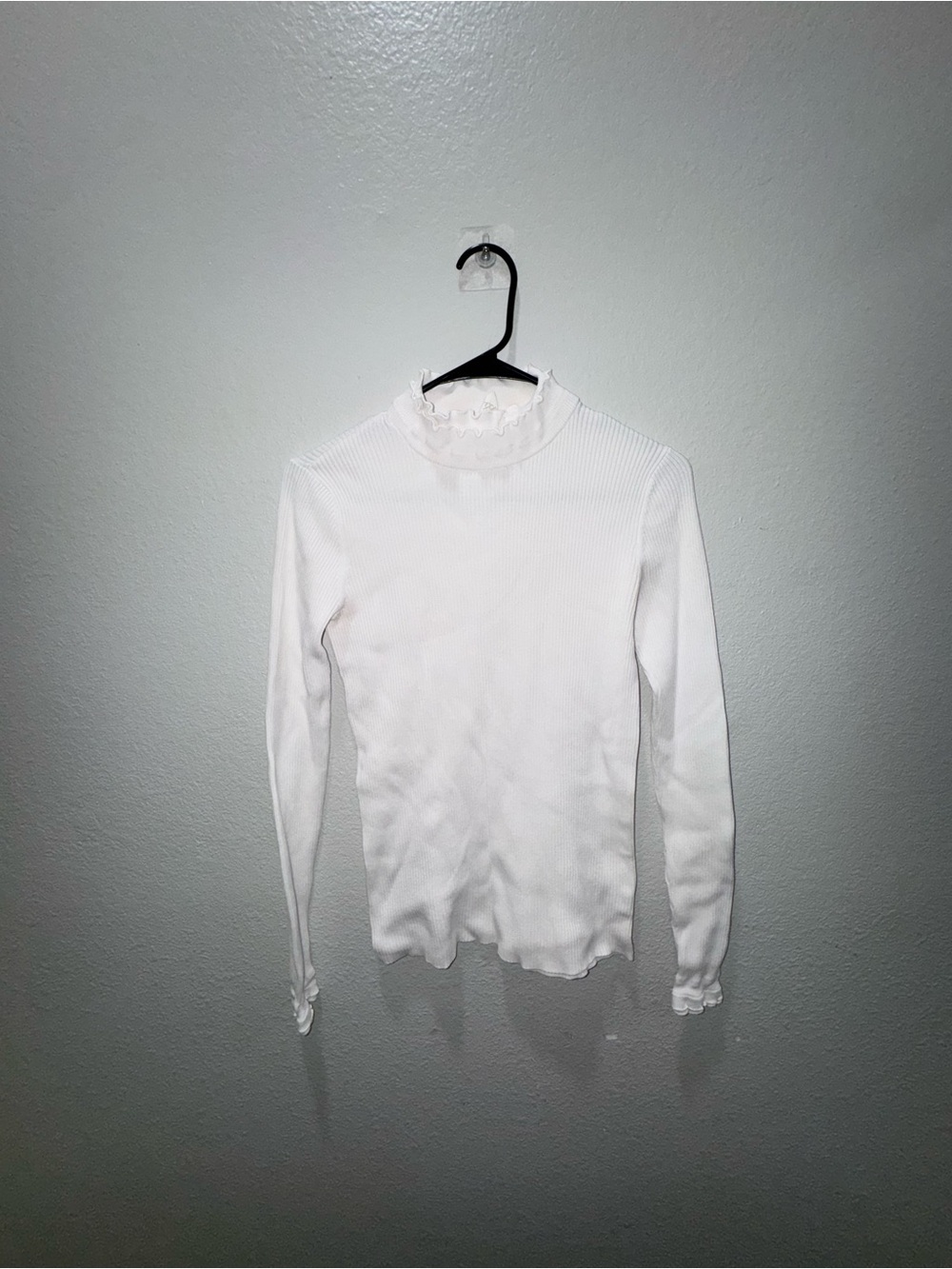 Women's White Ruffle Mockneck Long Sleeve Top